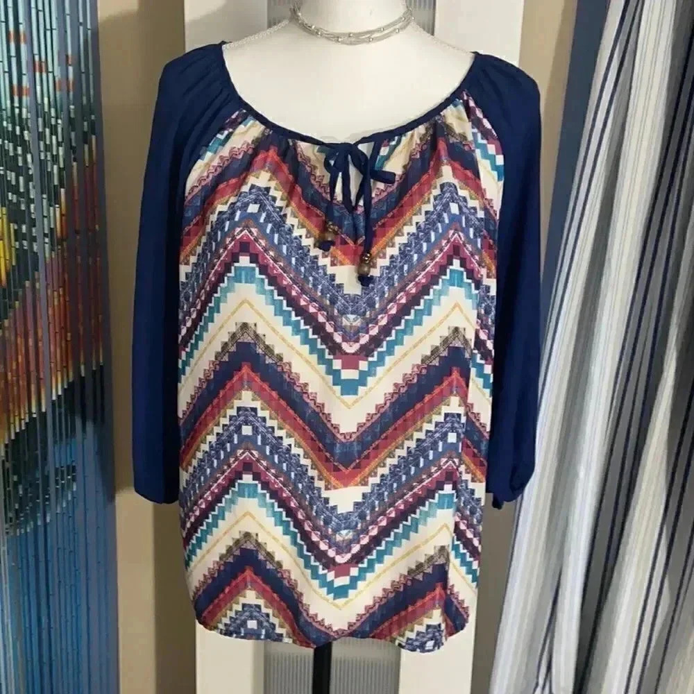 Rewind sz L multicolor blouse with blue sleeves and back